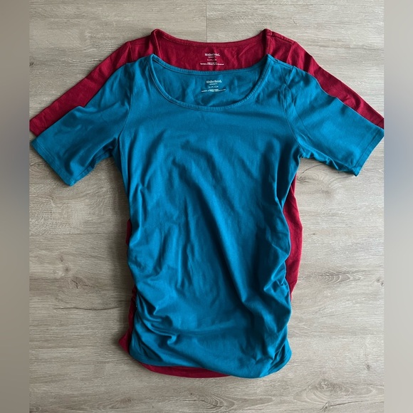 Motherhood Maternity Short Sleeve Cotton Shirts Set of 2 SZ S Red Blue - Picture 1 of 8